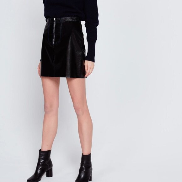 NWOT Sandro black & blue stitching leather mini skirt, L - Picture 2 of 9